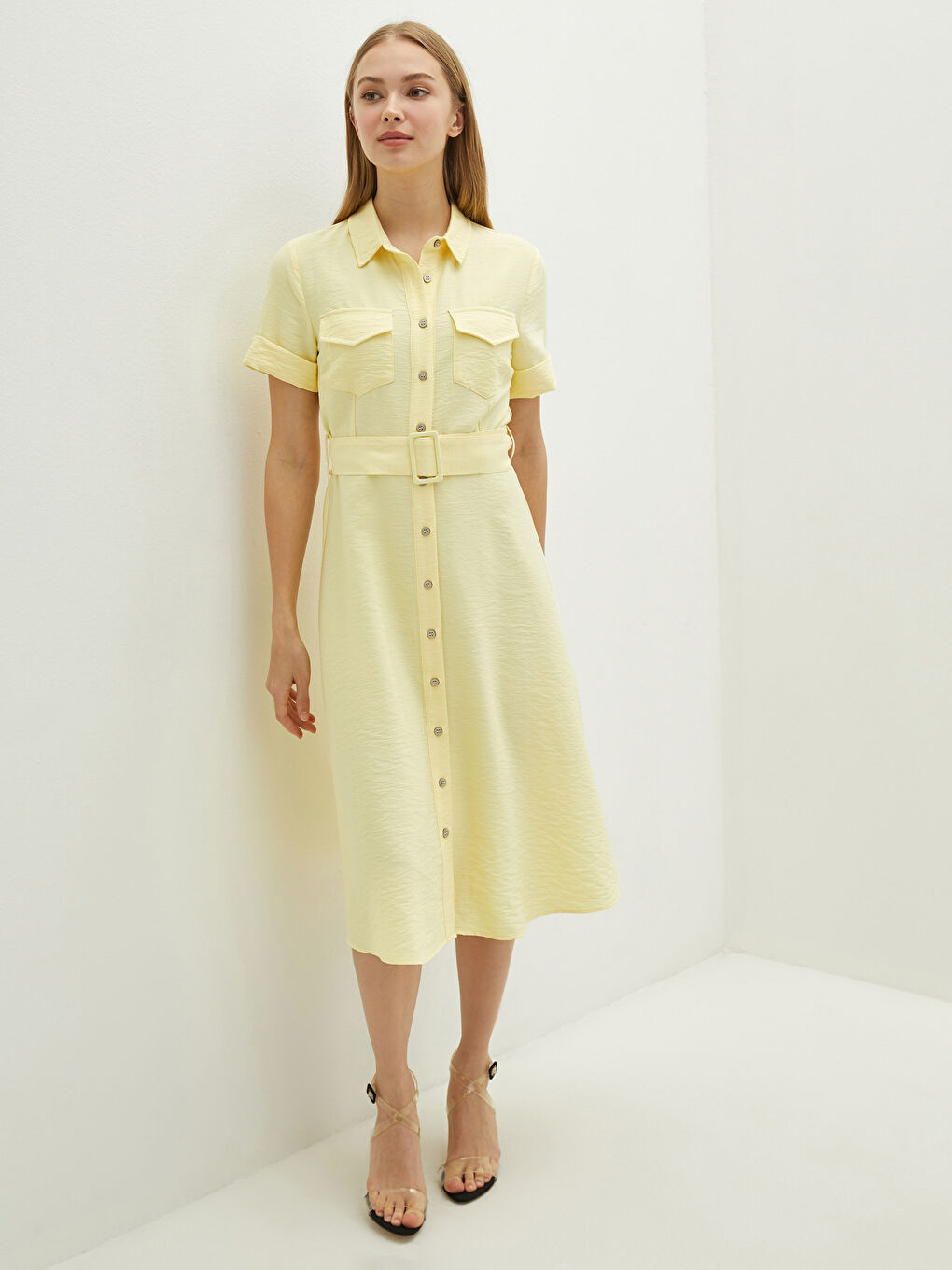 Buttoned Shirt Collar Waist Belt Short Sleeve Women Dress-2