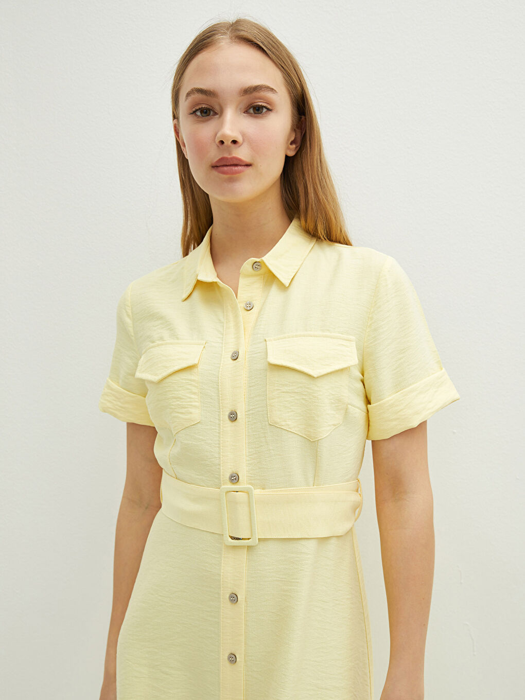 Buttoned Shirt Collar Waist Belt Short Sleeve Women Dress-3