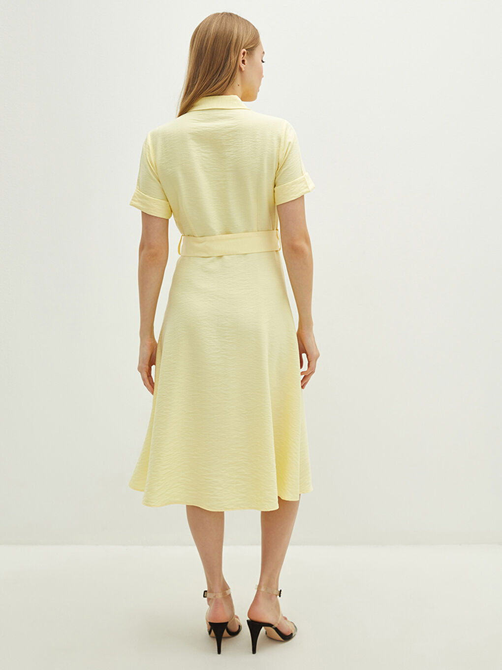 Buttoned Shirt Collar Waist Belt Short Sleeve Women Dress-4