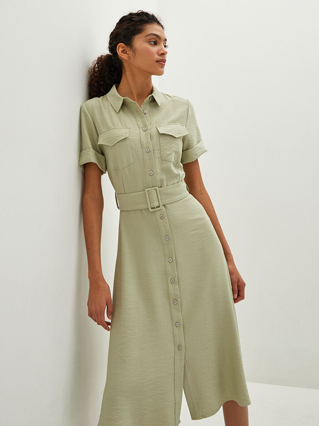 Rochie Femei Cu Nasturi Guler De Cămașă Curea Talie Mânecă Scurtă-1