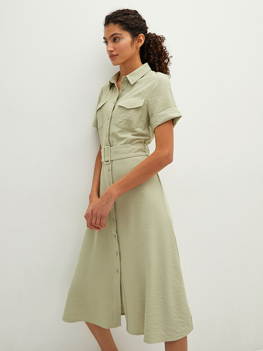 Rochie Femei Cu Nasturi Guler De Cămașă Curea Talie Mânecă Scurtă-2