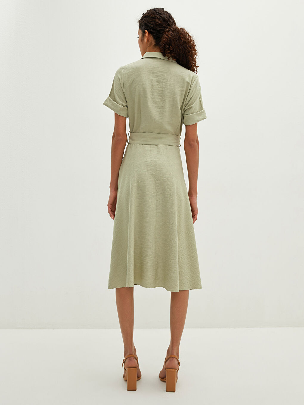 Rochie Femei Cu Nasturi Guler De Cămașă Curea Talie Mânecă Scurtă-4