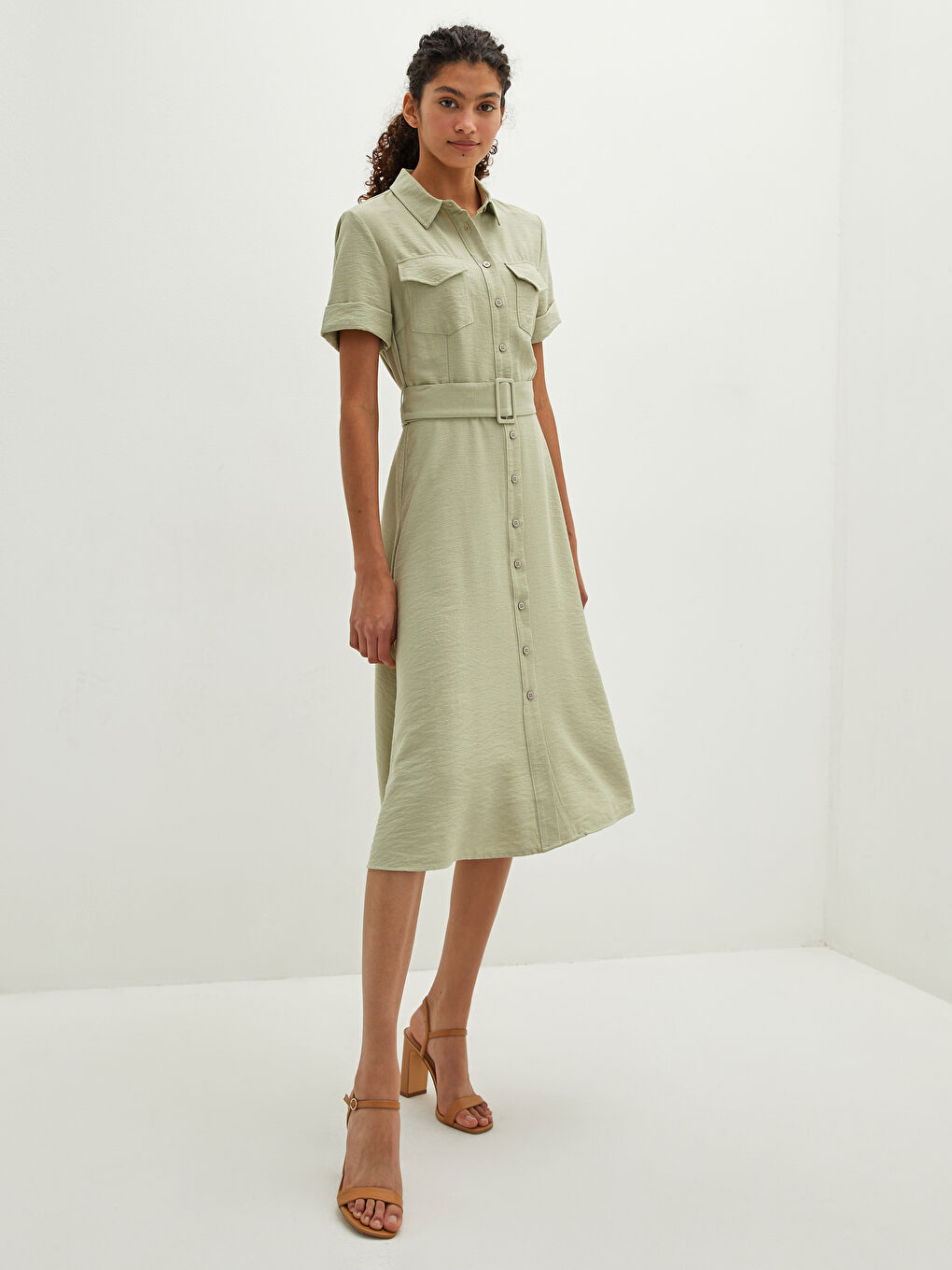 Rochie Femei Cu Nasturi Guler De Cămașă Curea Talie Mânecă Scurtă-5