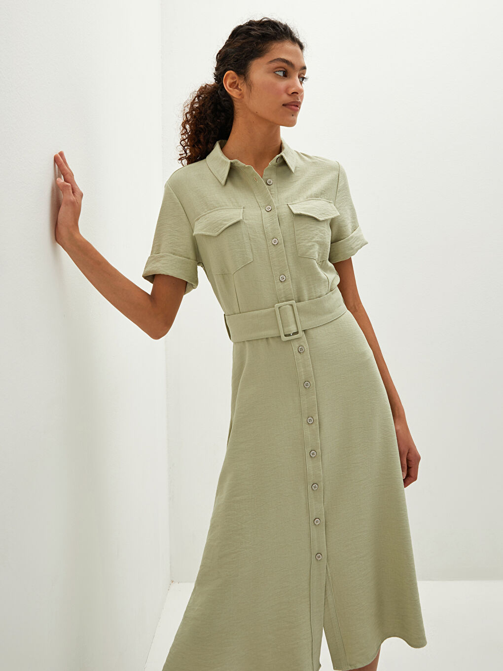 Rochie Femei Cu Nasturi Guler De Cămașă Curea Talie Mânecă Scurtă