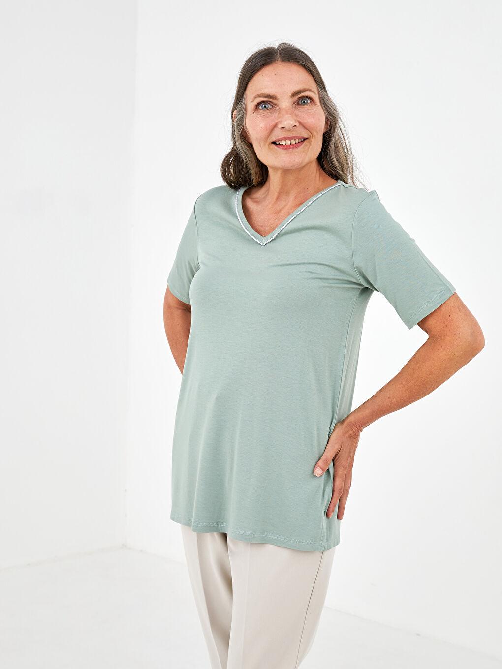 V-Neck Plain Short Sleeve Women's Blouse