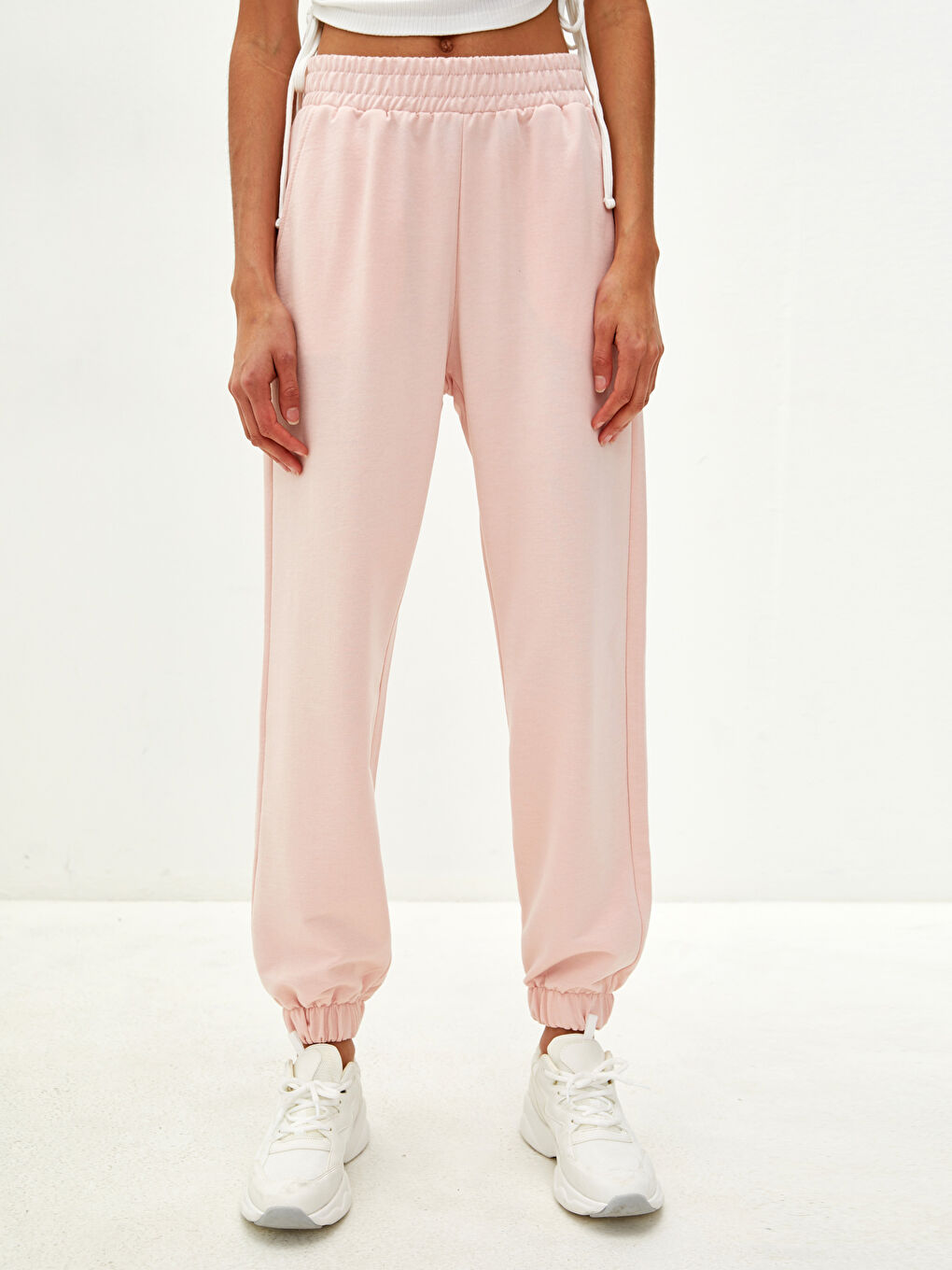 Pembe Beli Lastikli Düz Cep Detaylı Kadın Eşofman Altı-2