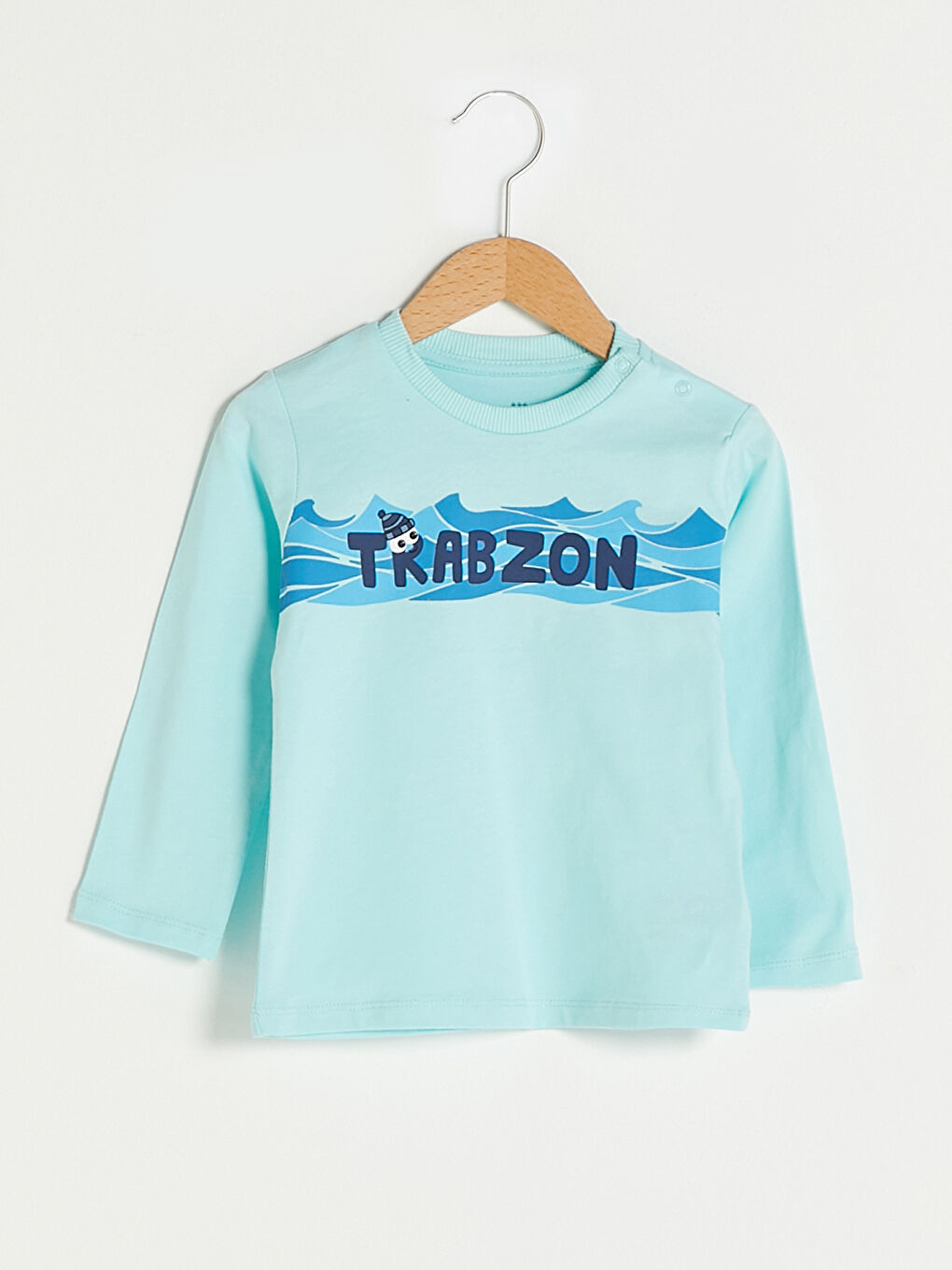 Turkuaz Bisiklet Yaka Uzun Kollu Trabzon Baskılı Pamuklu Erkek Bebek Tişört