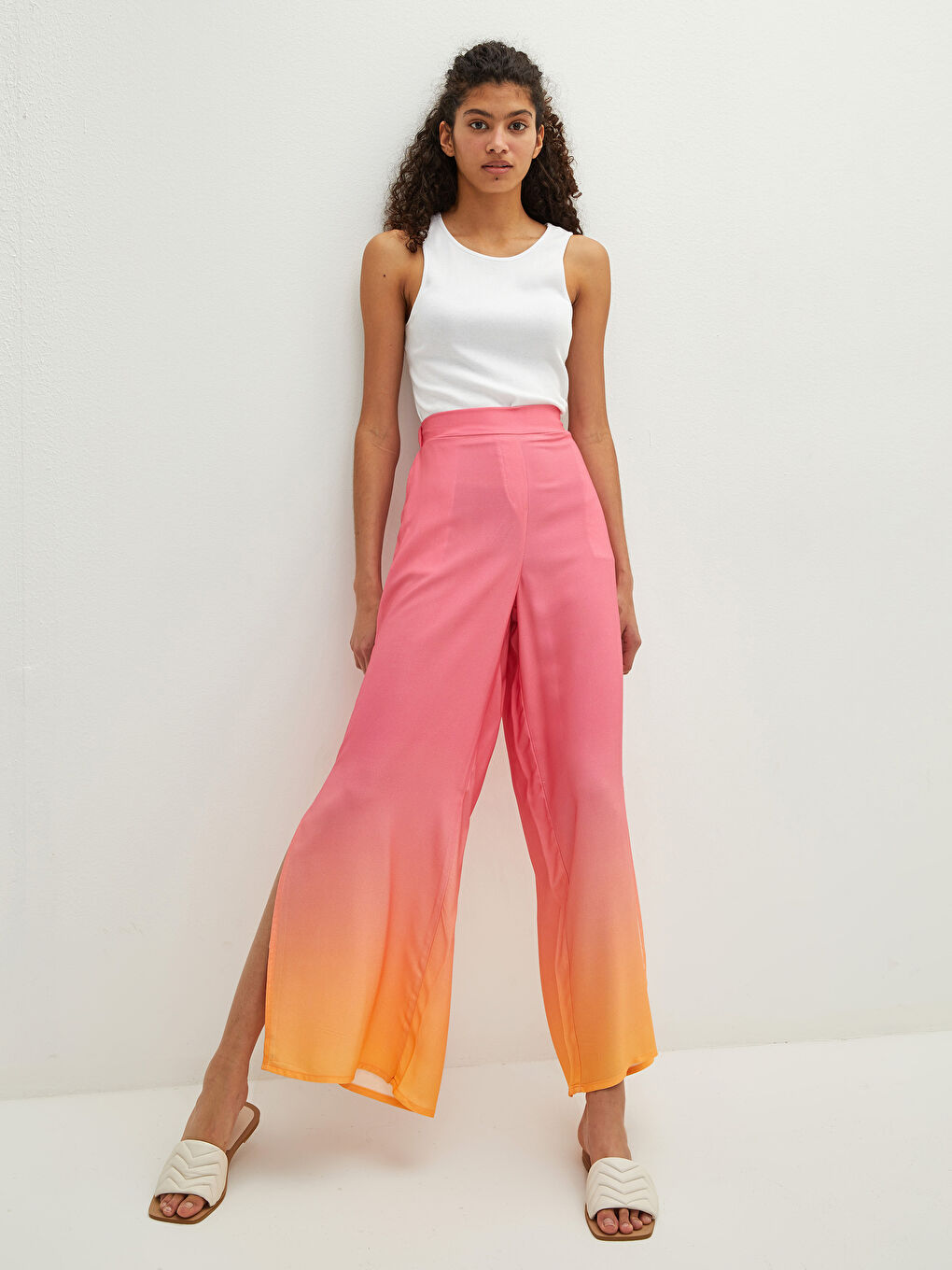 Turuncu Beli Lastikli Cep Detaylı Renk Geçişli Viskon Kumaş Kadın Pantolon Anne Kız Kombini-3