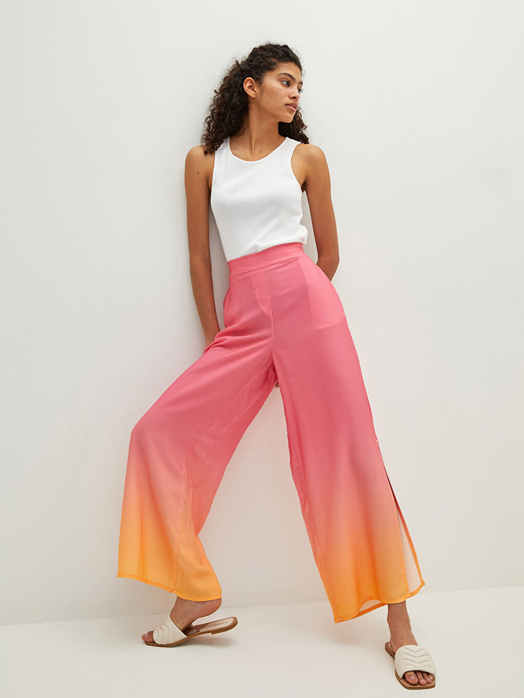 Turuncu Beli Lastikli Cep Detaylı Renk Geçişli Viskon Kumaş Kadın Pantolon Anne Kız Kombini