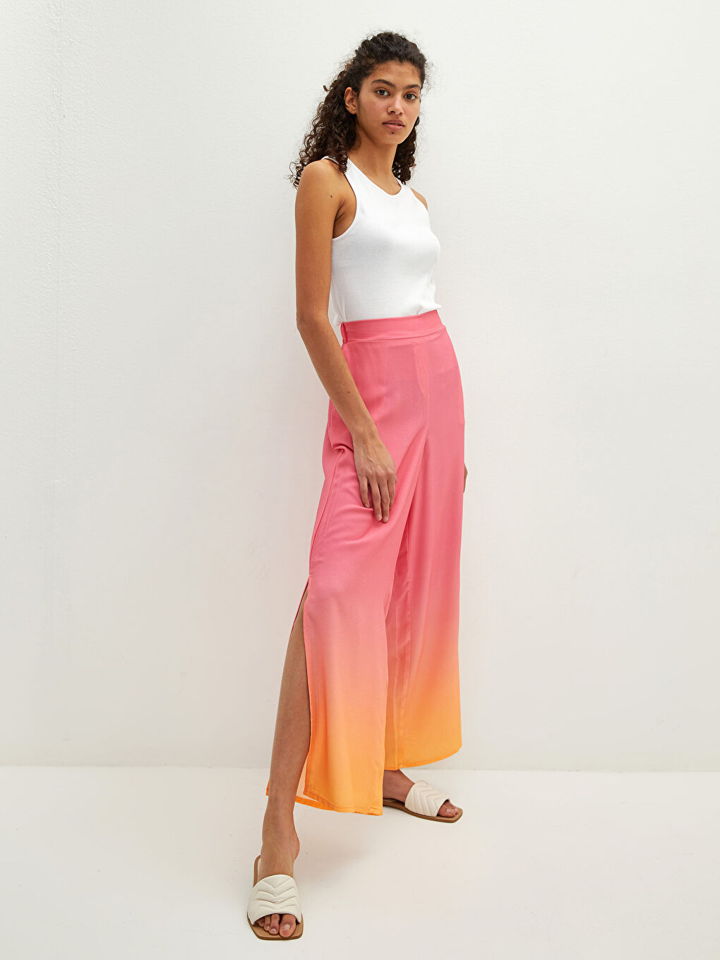 Turuncu Beli Lastikli Cep Detaylı Renk Geçişli Viskon Kumaş Kadın Pantolon Anne Kız Kombini-2