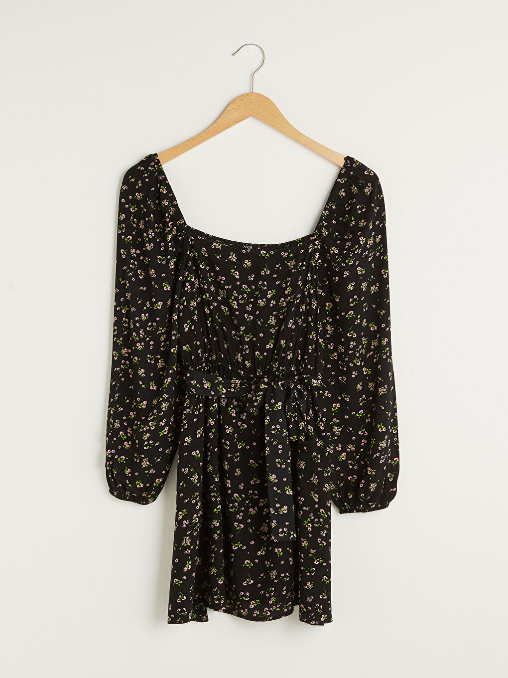 Square Neck Floral Long Sleeve Viscose Women Dress-4