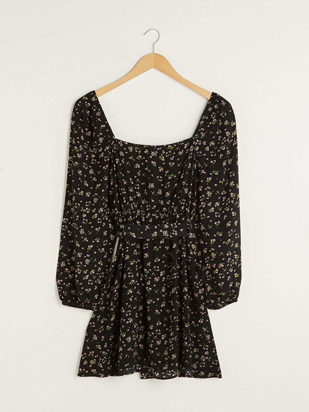 Square Neck Floral Long Sleeve Viscose Women Dress-5