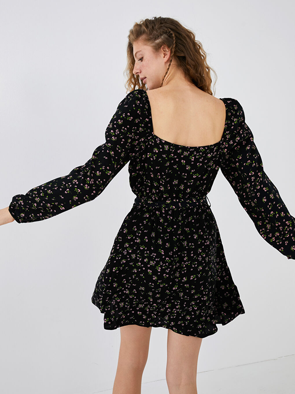 Square Neck Floral Long Sleeve Viscose Women Dress-3