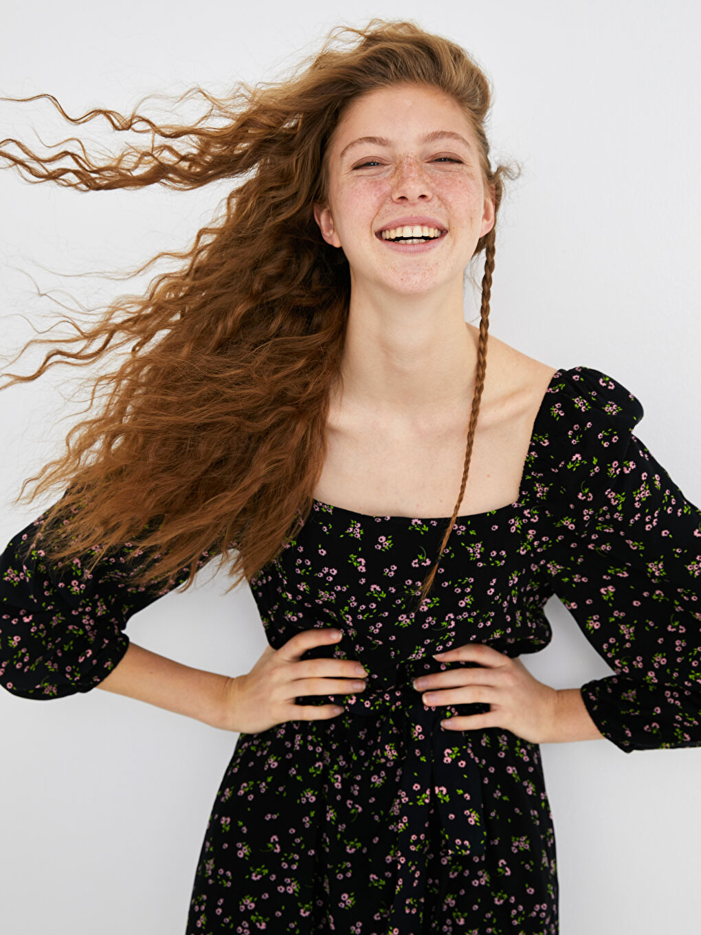 Square Neck Floral Long Sleeve Viscose Women Dress-2