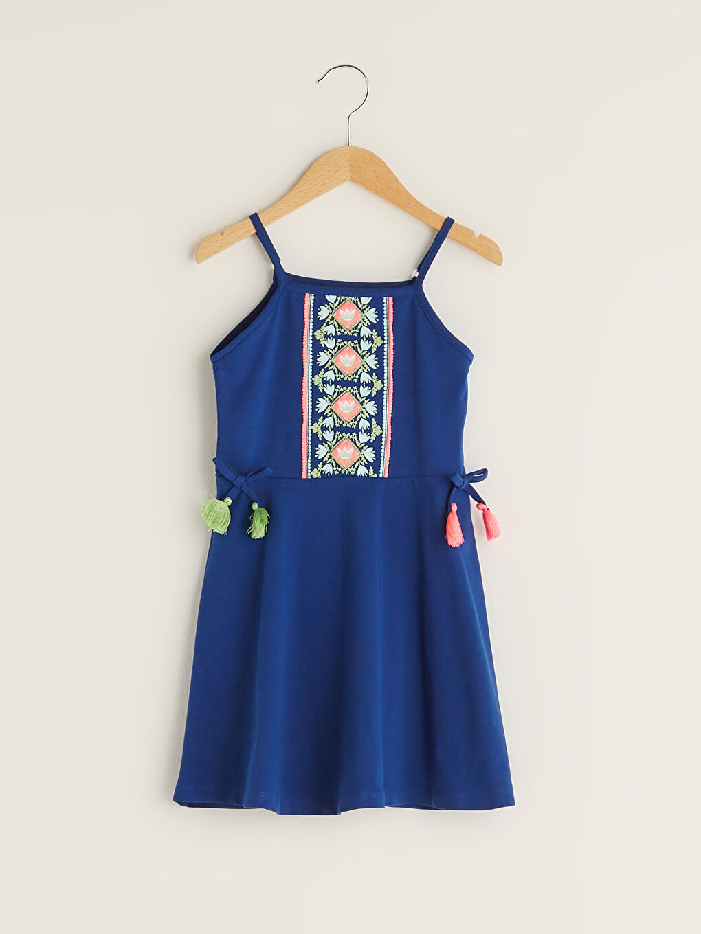 Square Neck Strap Patterned Girl's Flared Dress