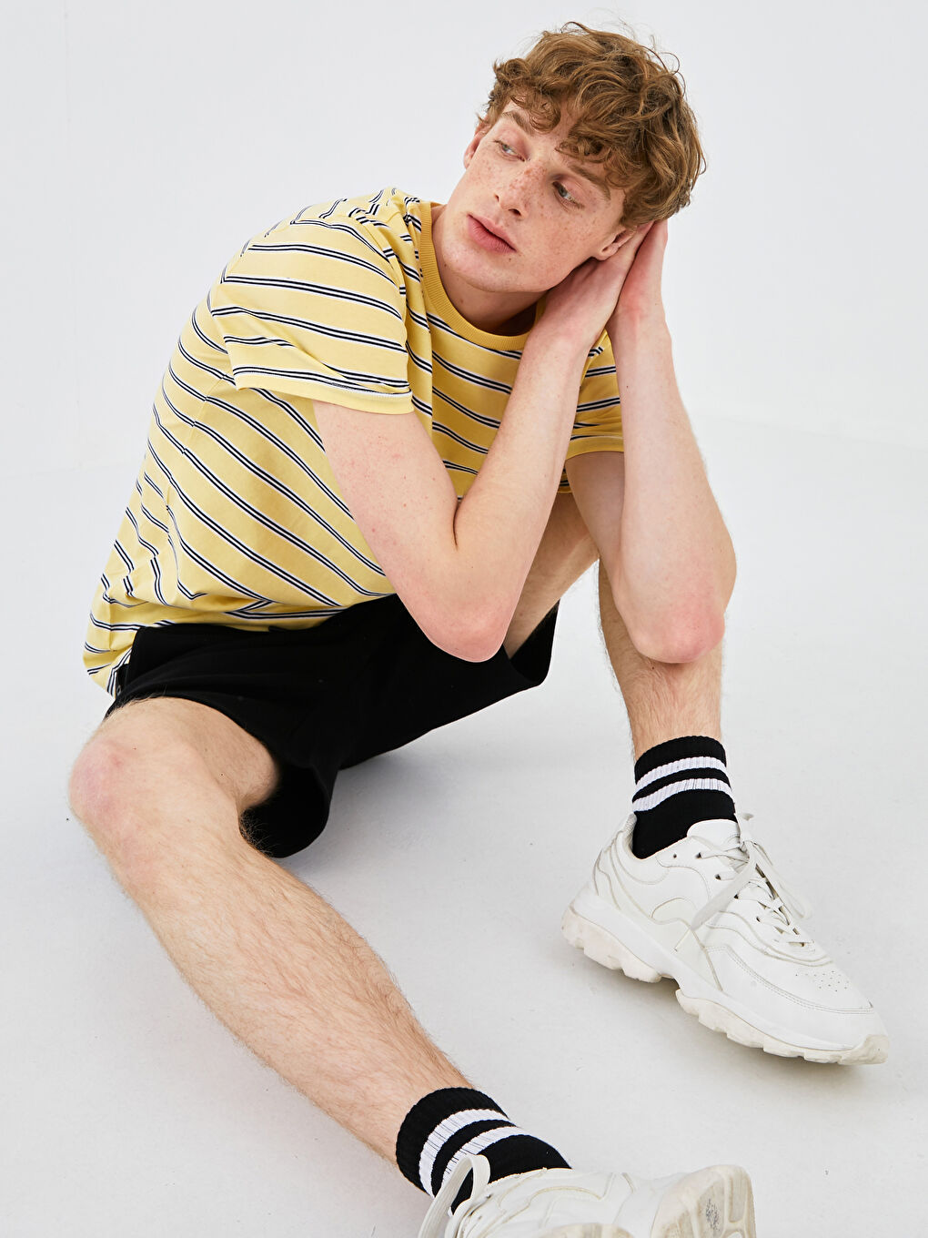 Sarı Bisiklet Yaka Kısa Kollu Çizgili Penye Erkek Tişört-2