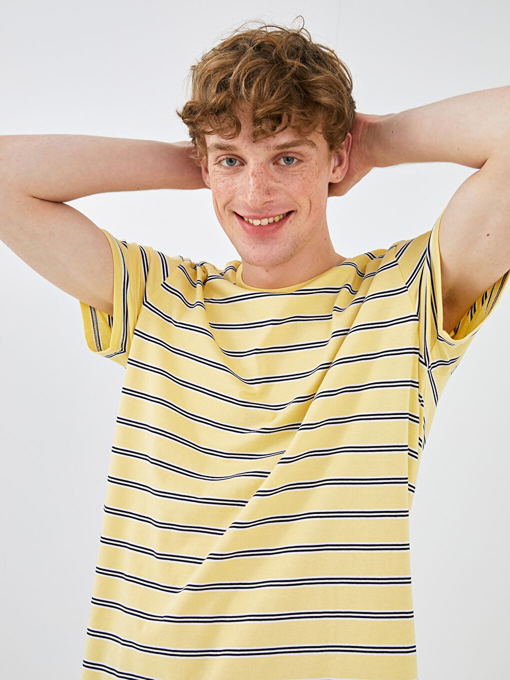 Sarı Bisiklet Yaka Kısa Kollu Çizgili Penye Erkek Tişört-4