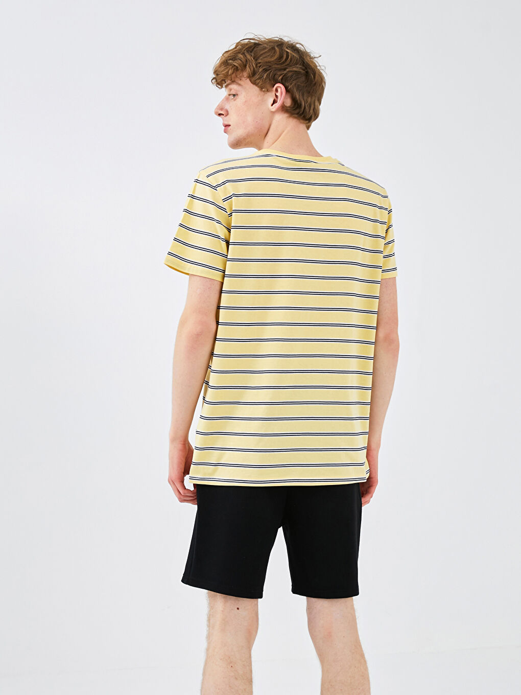Sarı Bisiklet Yaka Kısa Kollu Çizgili Penye Erkek Tişört-5