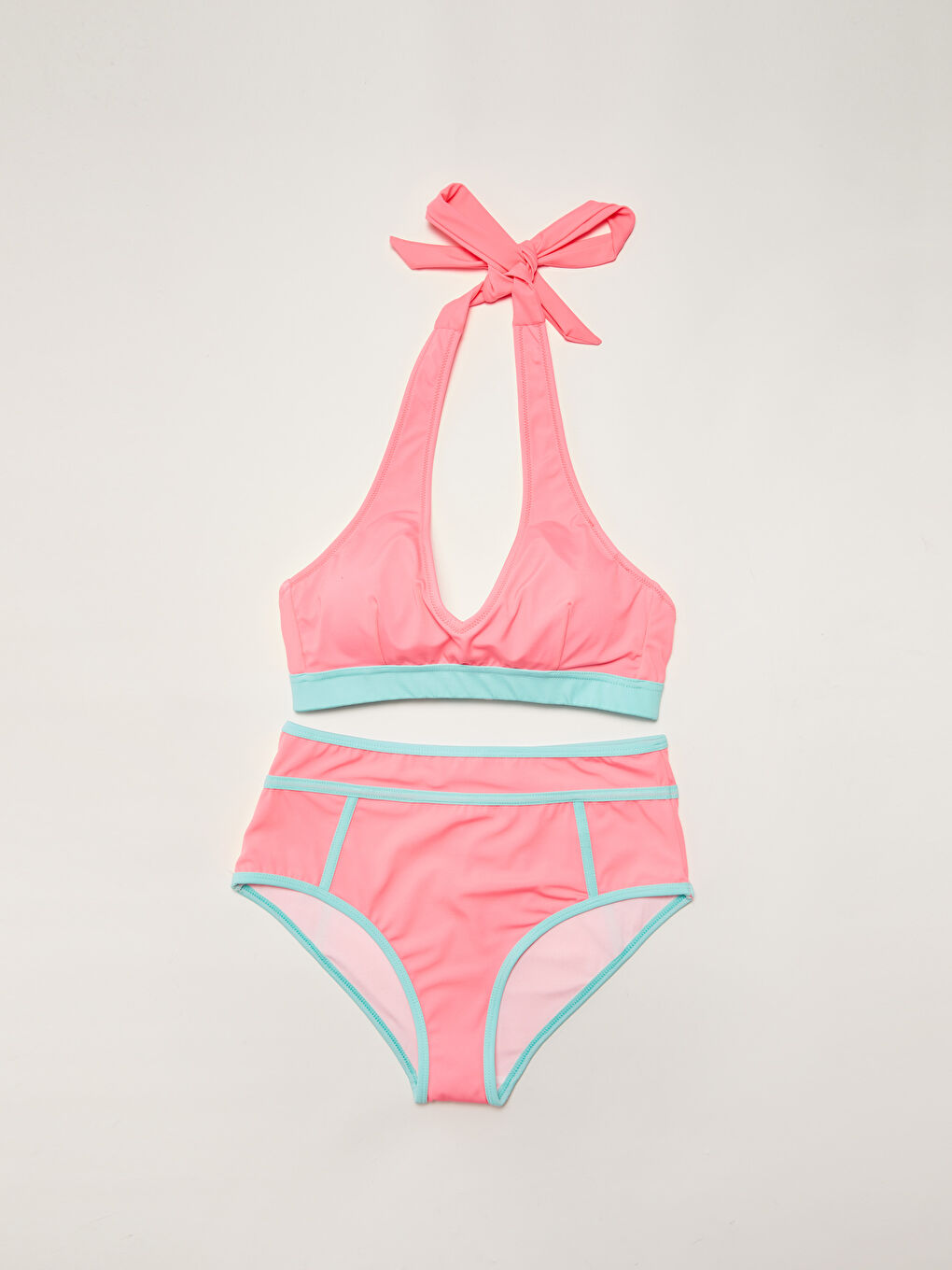 Pembe Kadın Boyundan Bağlamalı Düz Bikini Anne Kız Kombini