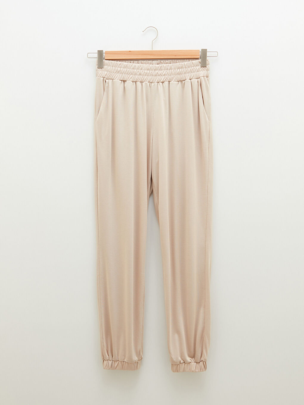 Bej Beli Lastikli Düz Cep Detaylı Kadın Pijama Alt-1