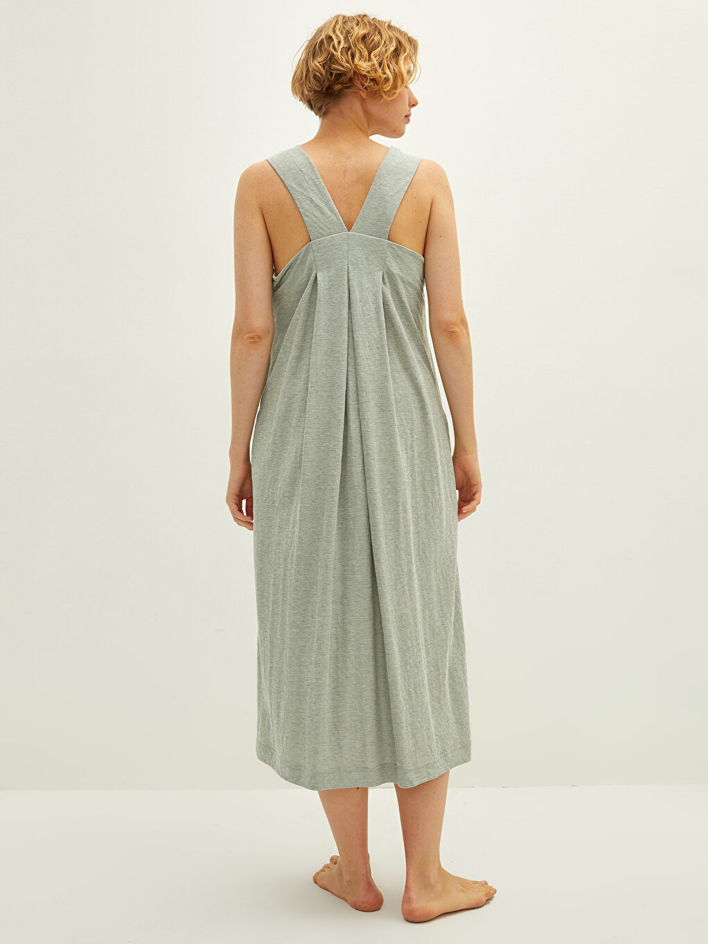 Haki Kadın Kare Yaka Askılı Düz Gecelik-4