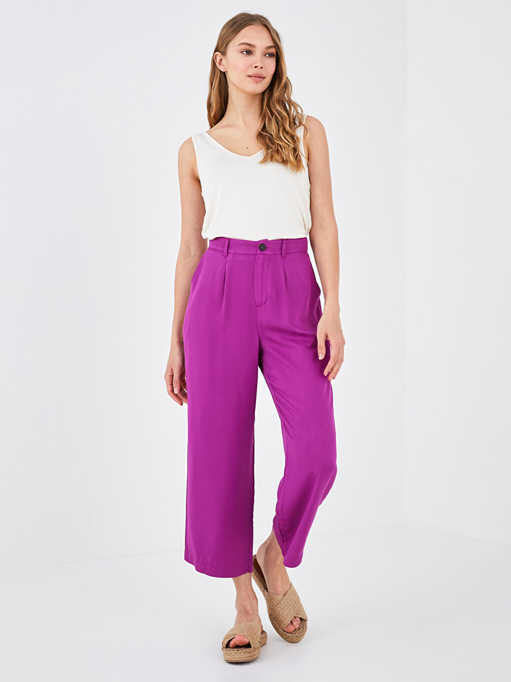 Mor Bol Fit Cep Detaylı Geniş Paça Viskon Kadın Kapri-7