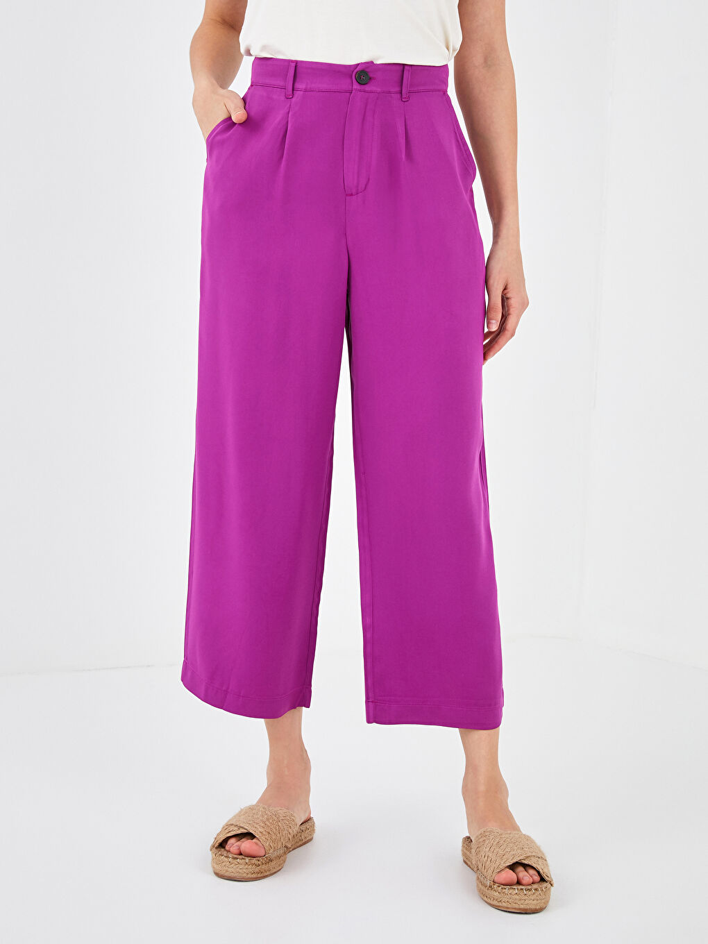 Mor Bol Fit Cep Detaylı Geniş Paça Viskon Kadın Kapri-8