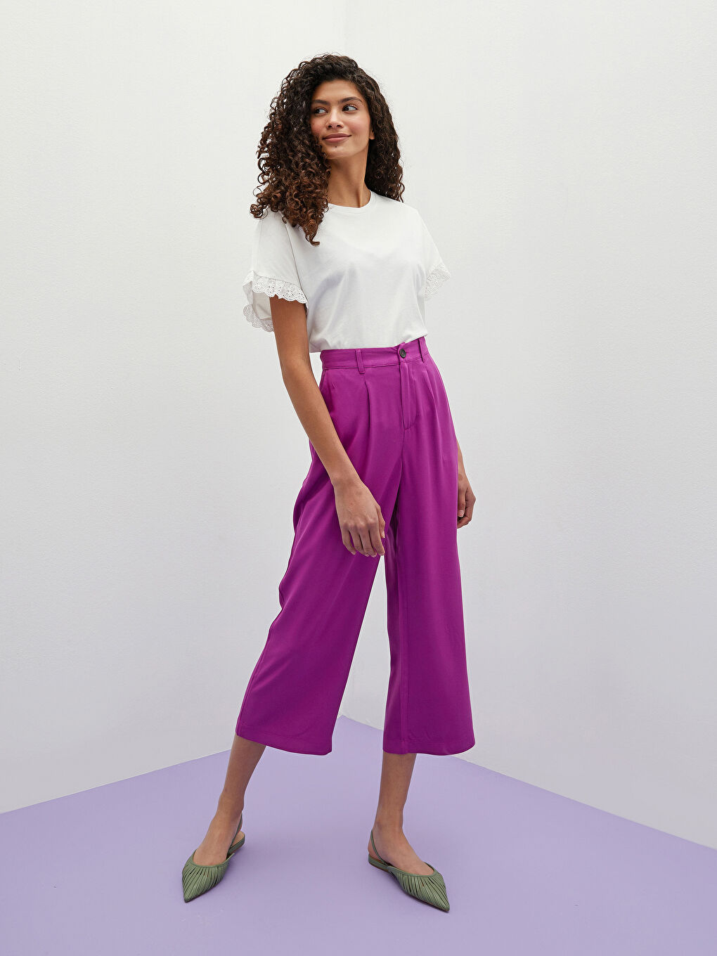 Mor Bol Fit Cep Detaylı Geniş Paça Viskon Kadın Kapri-2