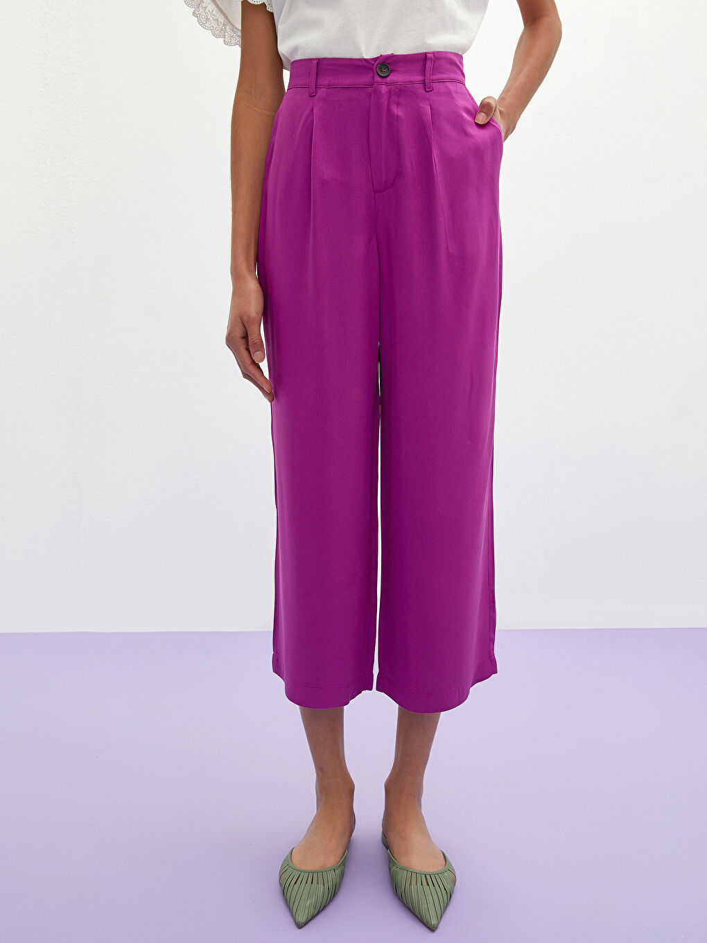 Mor Bol Fit Cep Detaylı Geniş Paça Viskon Kadın Kapri-3