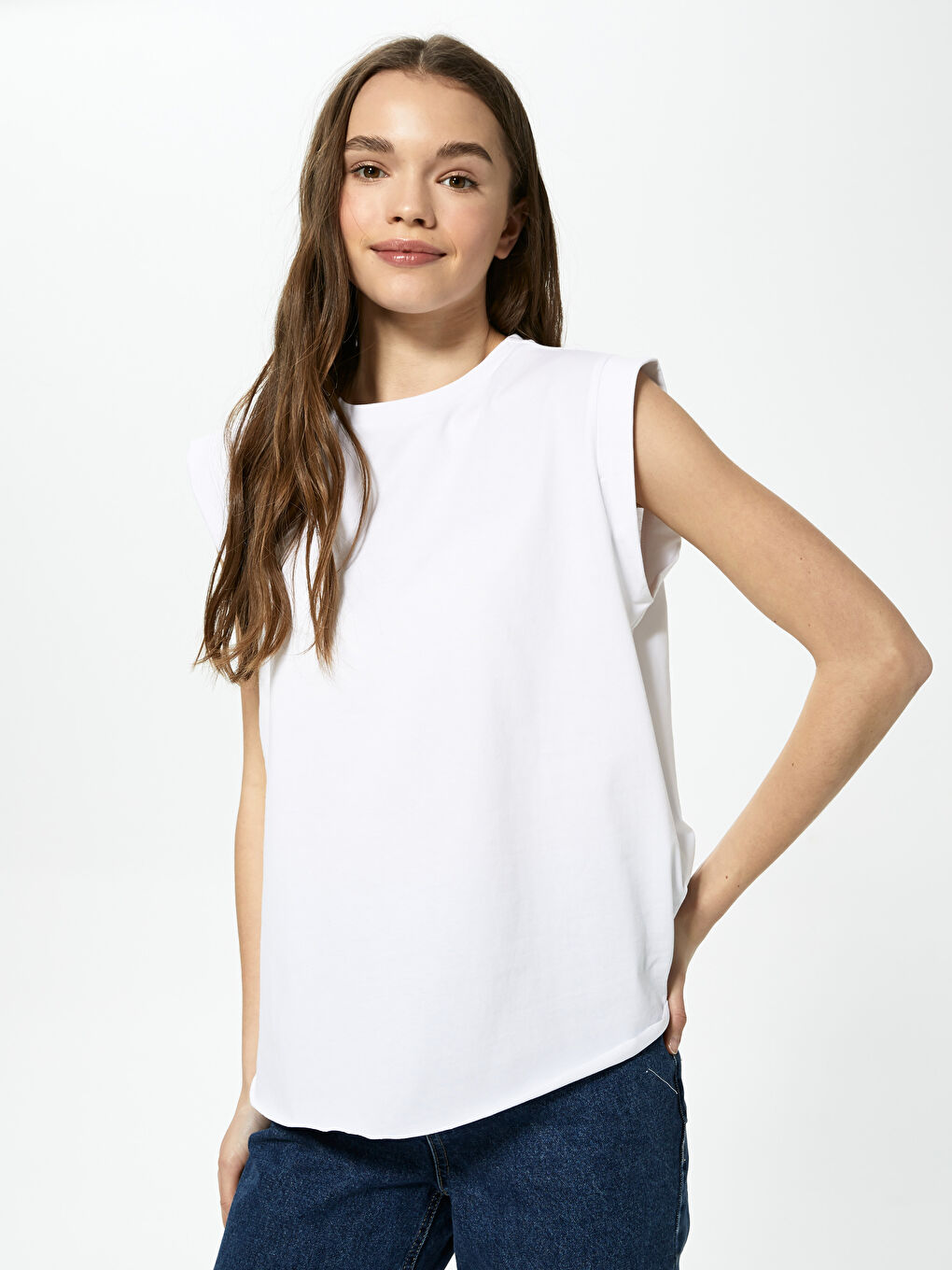 Crew Neck Straight Sleeveless Cotton Women's T-Shirt-4