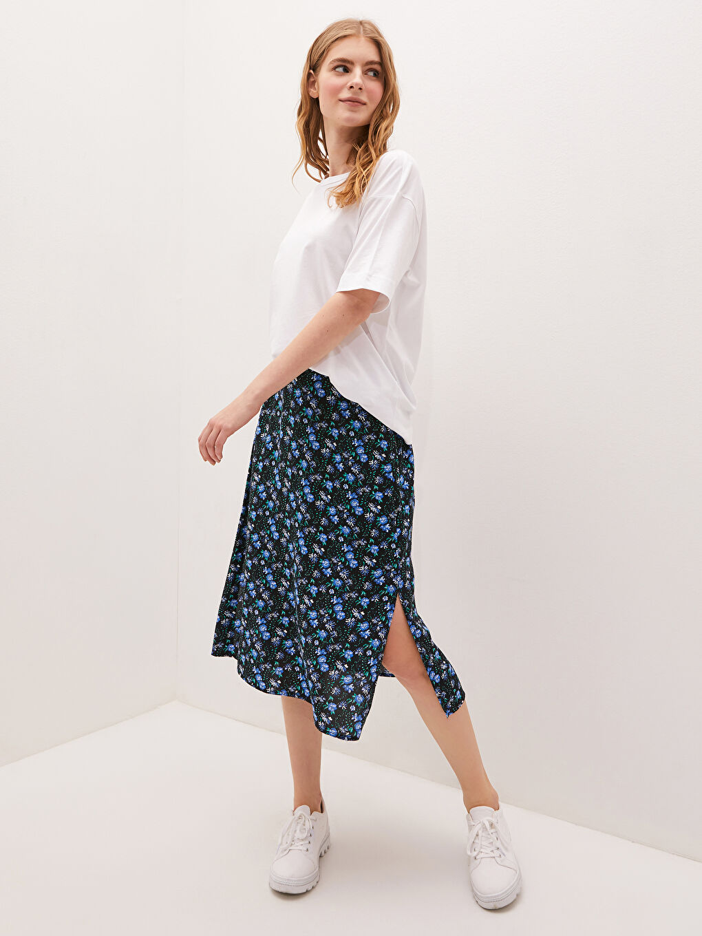 LCW Vision Elastic Waist Floral Flower Poplin Woman Skirt -S1JE30Z8-F9C