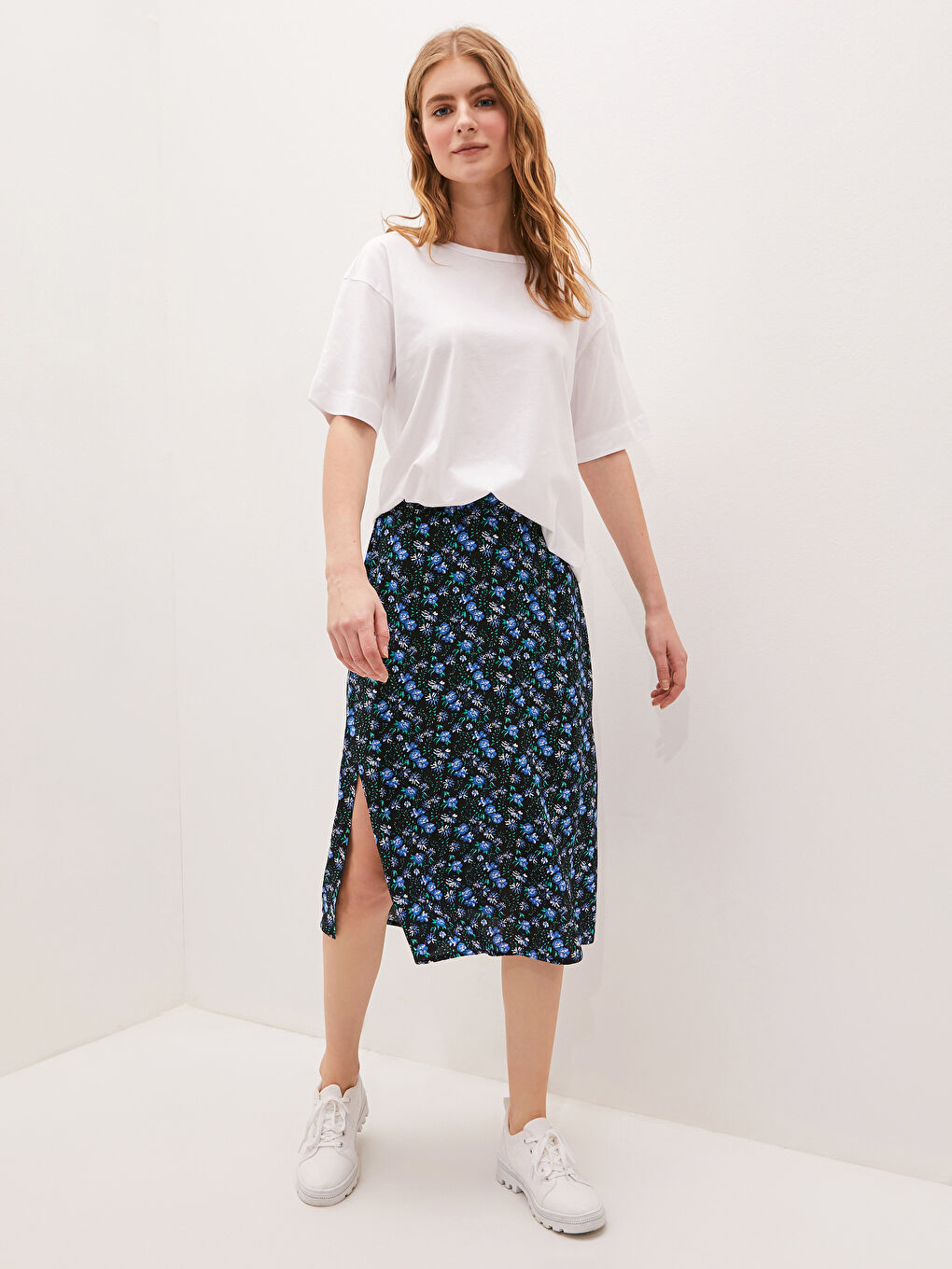LCW Vision Elastic Waist Floral Flower Poplin Woman Skirt -S1JE30Z8-F9C