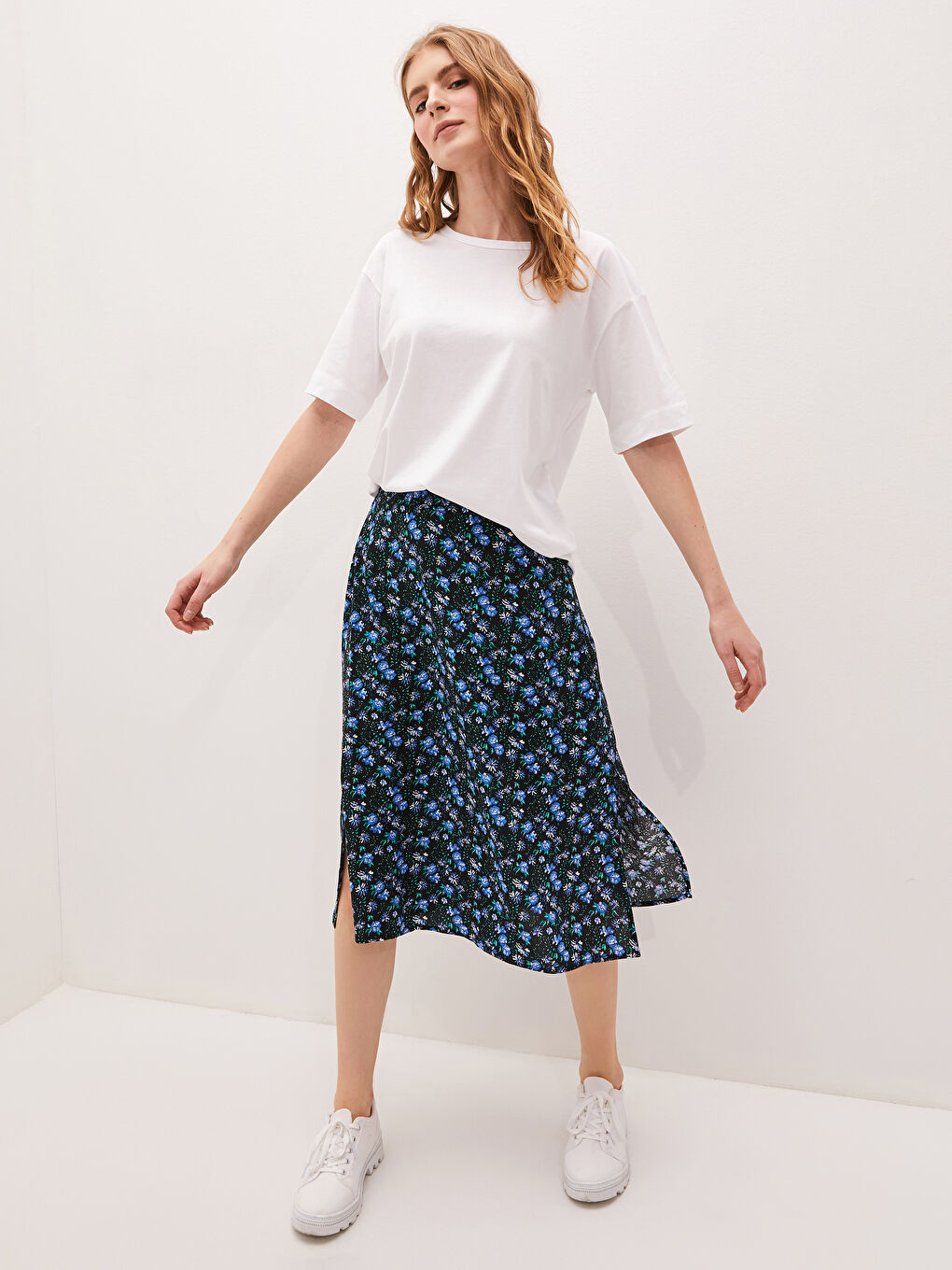 LCW Vision Elastic Waist Floral Flower Poplin Woman Skirt -S1JE30Z8-F9C
