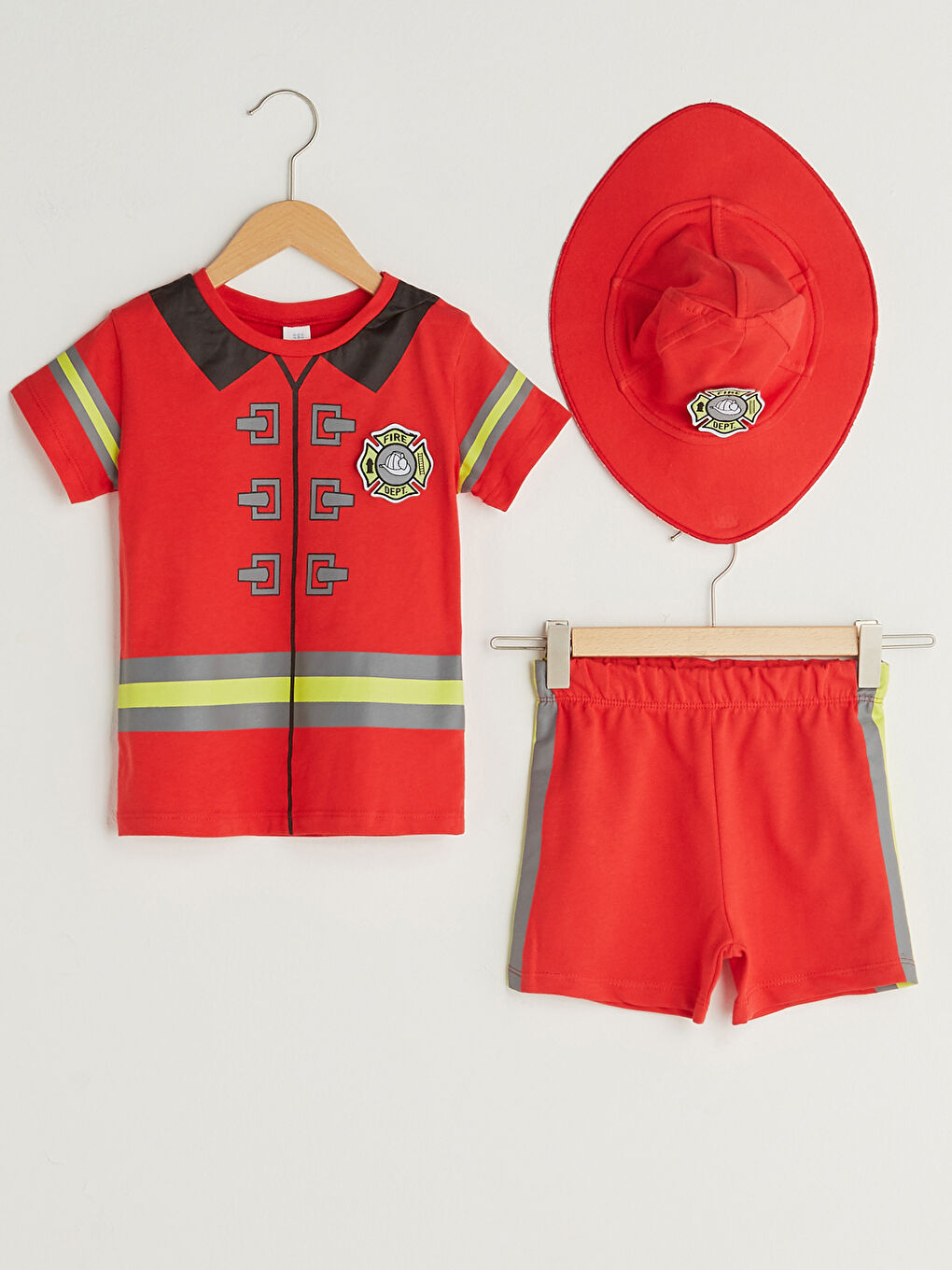 طقم أطفال أولادي قطن مطبوع بأكمام قصيرة ورقبة دائرية زي رجل الإطفاء مع قبعة-7