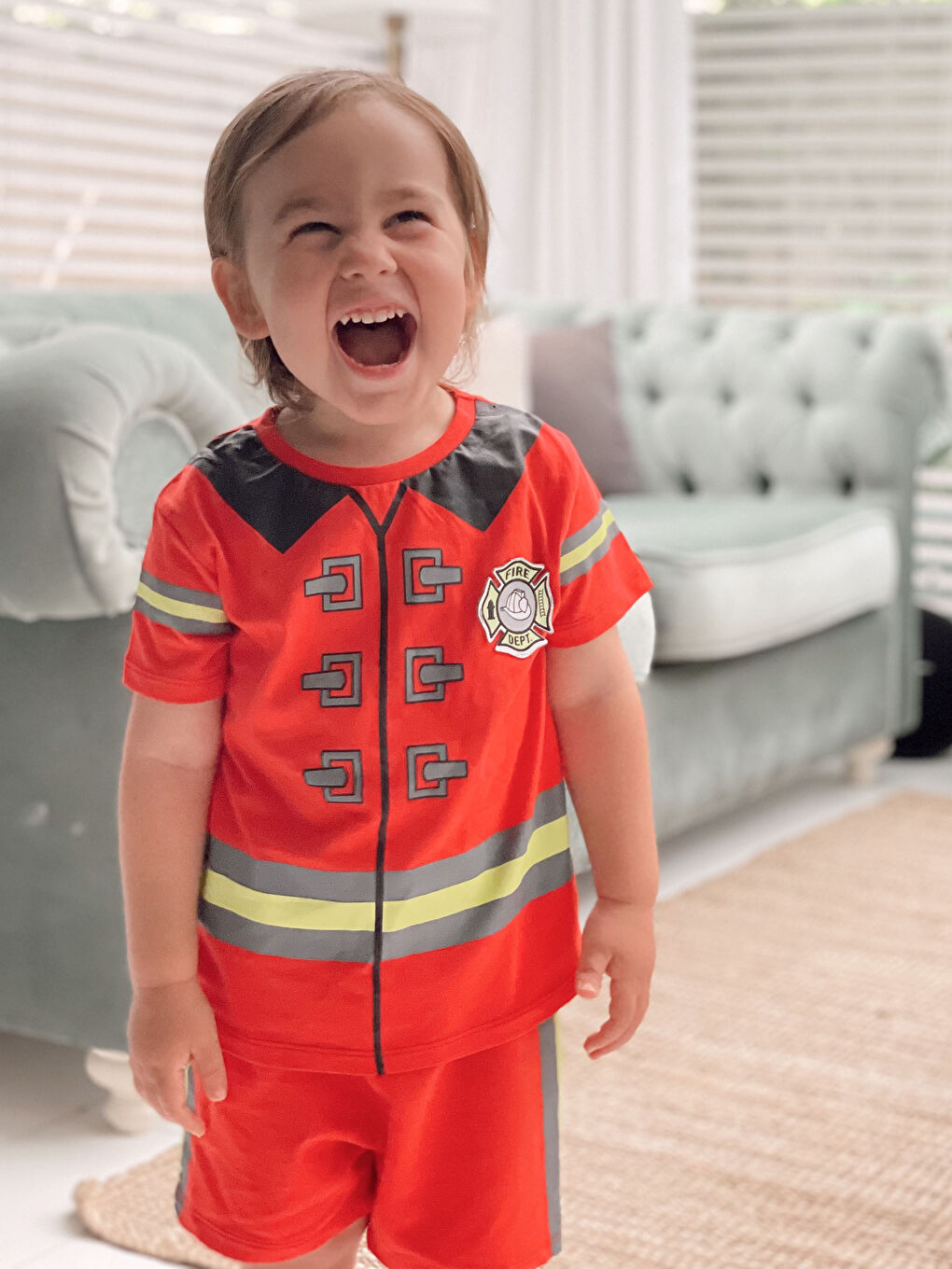 طقم أطفال أولادي قطن مطبوع بأكمام قصيرة ورقبة دائرية زي رجل الإطفاء مع قبعة-5