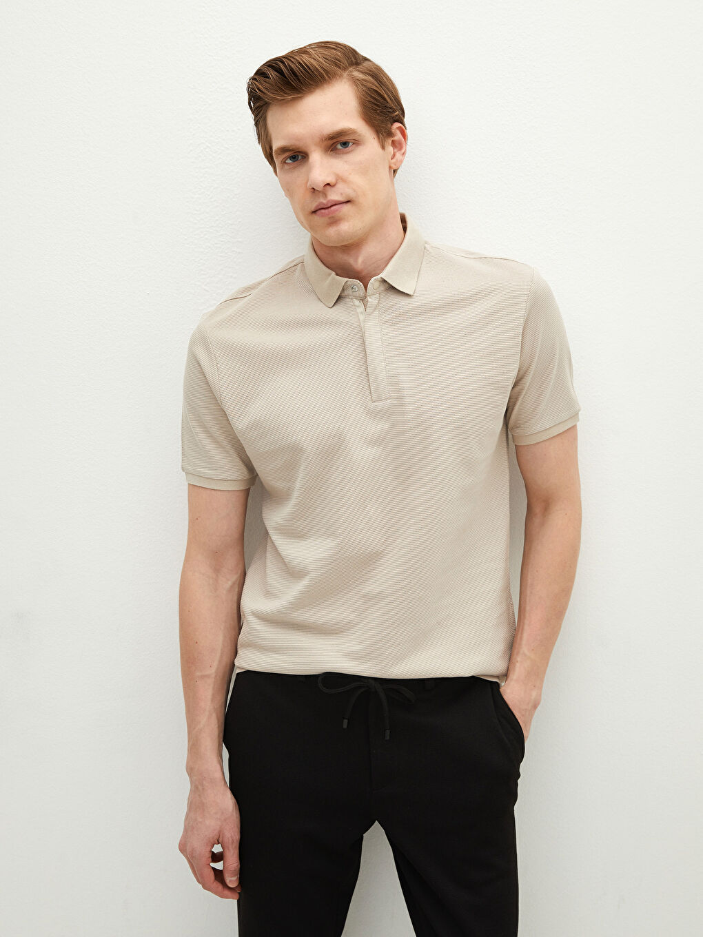 Bej Polo Yaka Kısa Kollu Pike Erkek Tişört-1