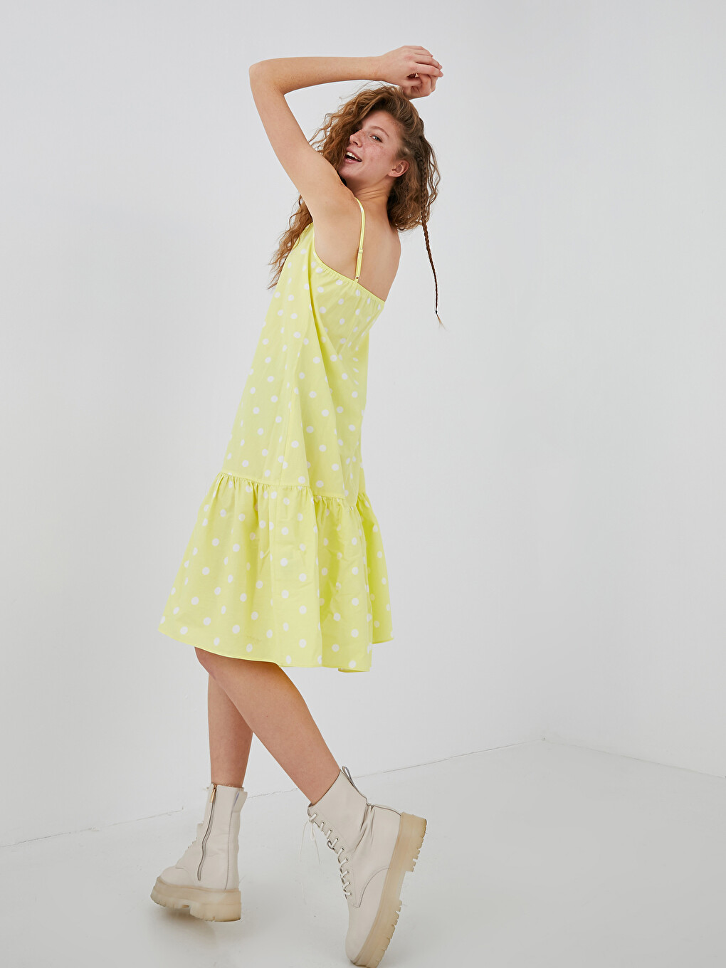 V Neck Strappy Polka Dot Cotton Women's Dress-1