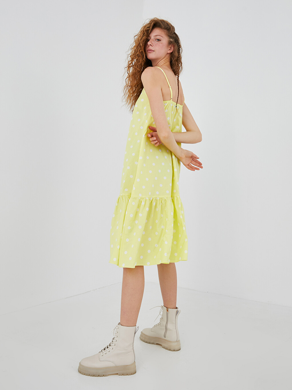 V Neck Strappy Polka Dot Cotton Women's Dress-5