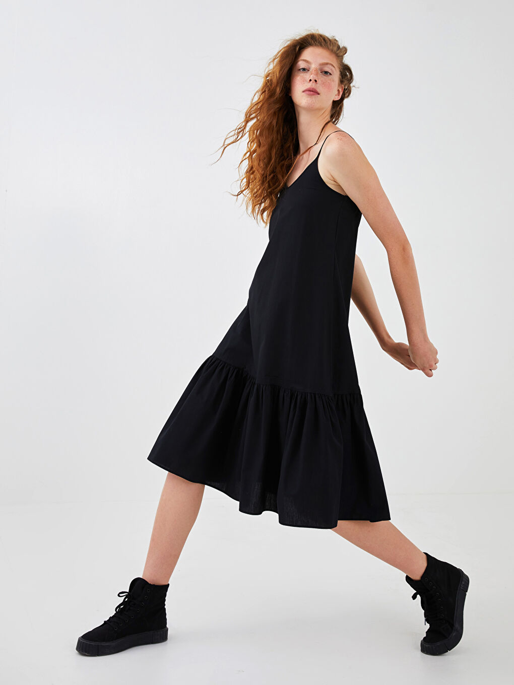V Neck Strappy Plain Cotton Women's Dress -S1JF54Z8-CVL