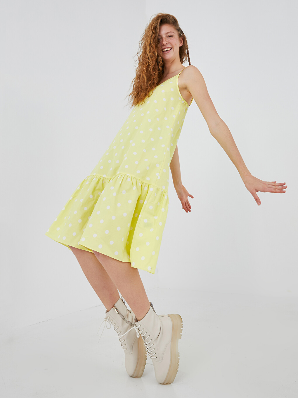 V Neck Strappy Polka Dot Cotton Women's Dress-6