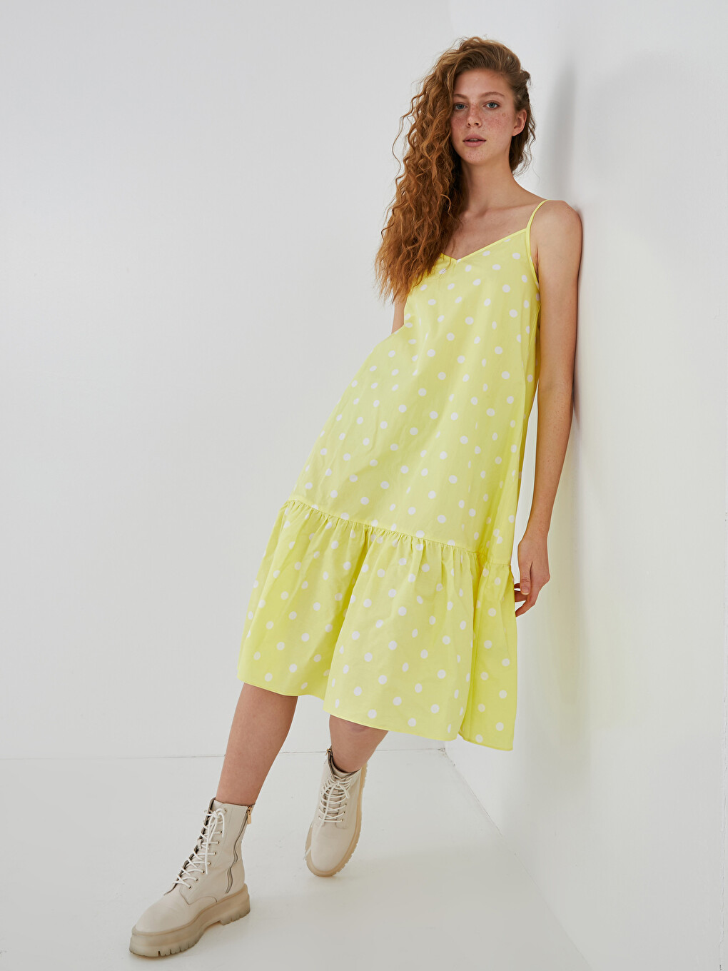 V Neck Strappy Polka Dot Cotton Women's Dress
