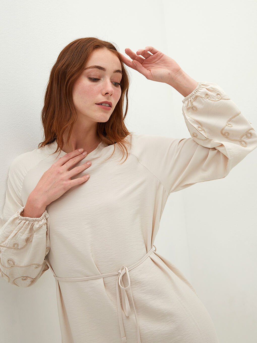 Crew Neck Embroidered Long Sleeve Corn Fabric Women's Dress-3