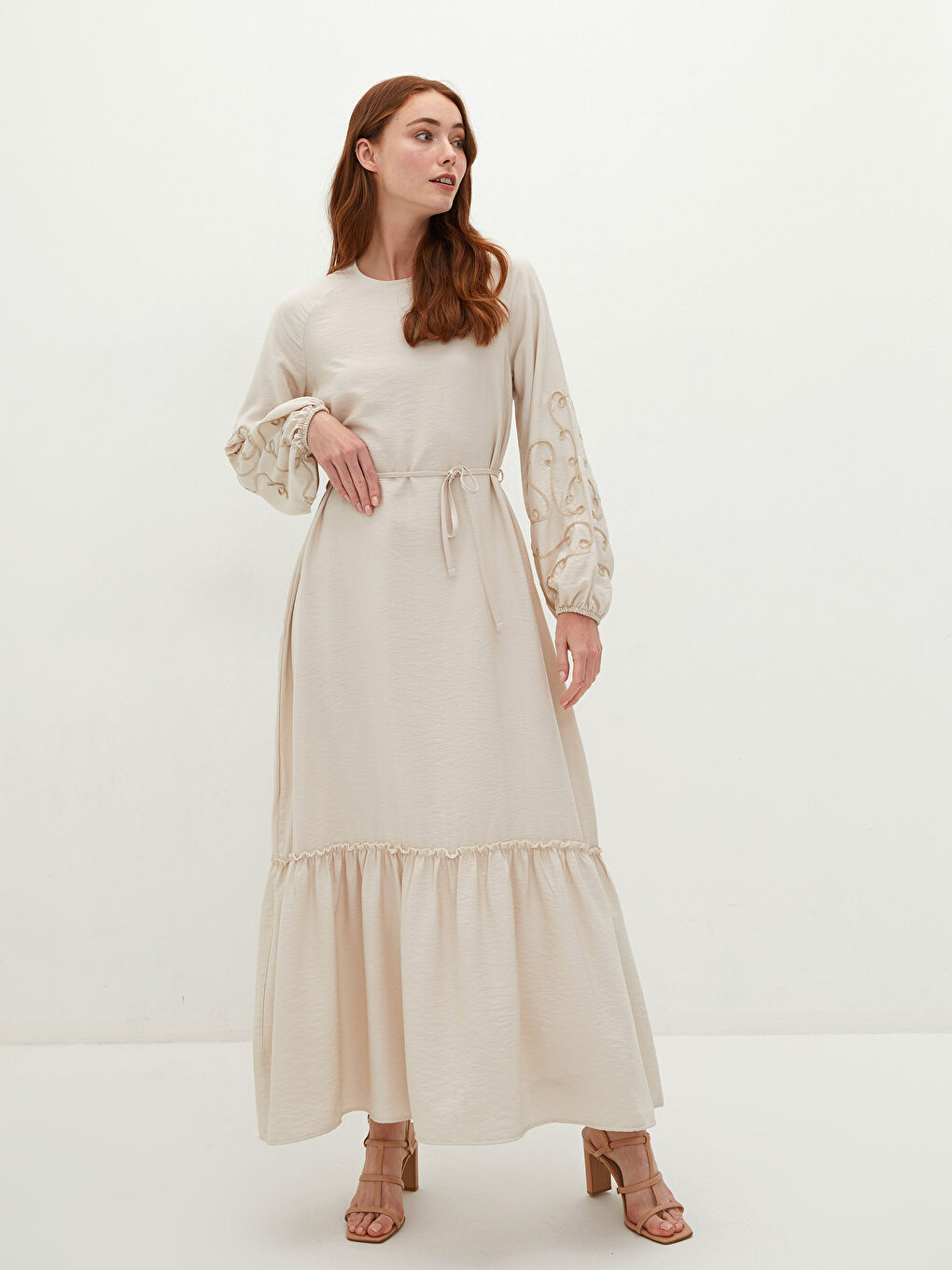 Crew Neck Embroidered Long Sleeve Corn Fabric Women's Dress