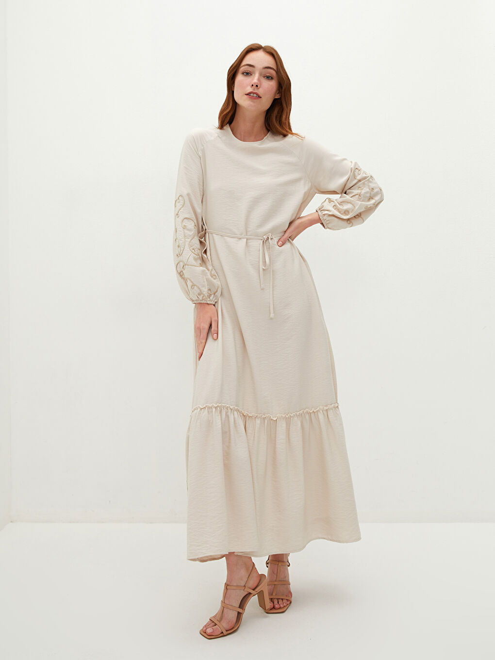 Crew Neck Embroidered Long Sleeve Corn Fabric Women's Dress-1