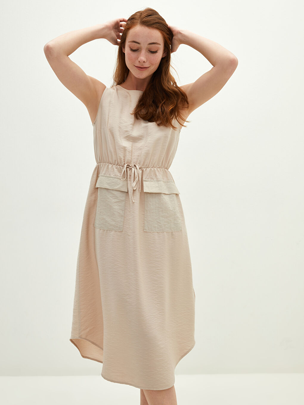 Crew Neck Sleeveless Tie Waist and Pocket Detail Women's Dress-1