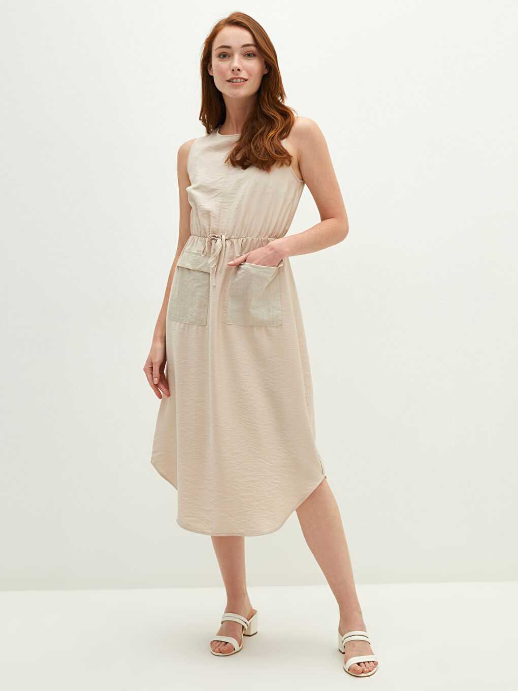 Crew Neck Sleeveless Tie Waist and Pocket Detail Women's Dress