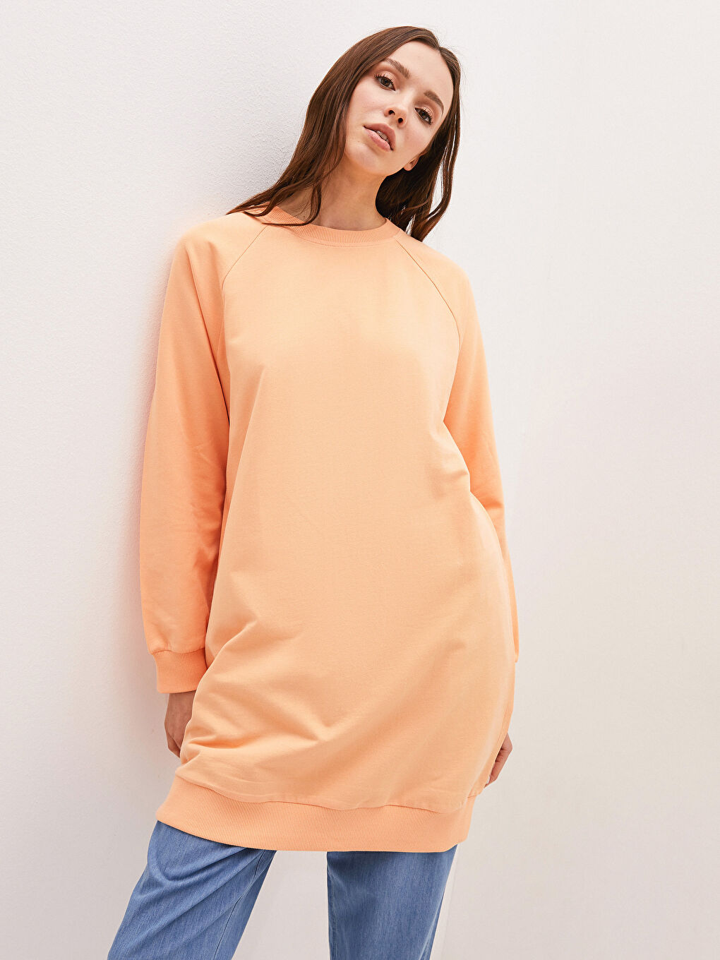 Turuncu Bisiklet Yaka Düz Uzun Kollu Kadın Sweatshirt Tunik-1
