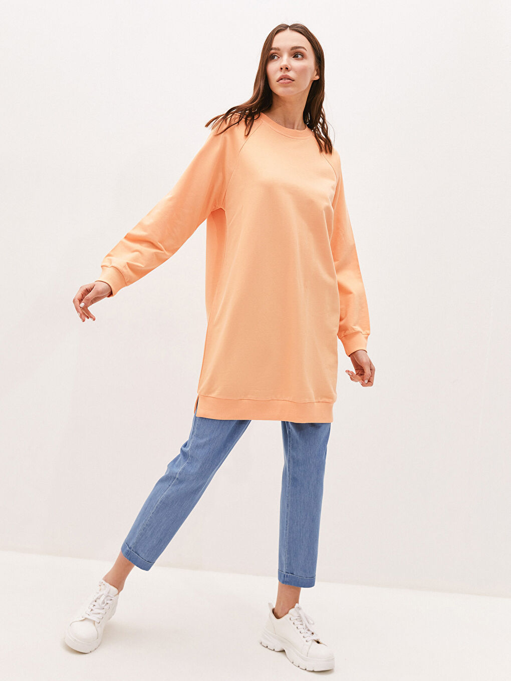 Turuncu Bisiklet Yaka Düz Uzun Kollu Kadın Sweatshirt Tunik-2