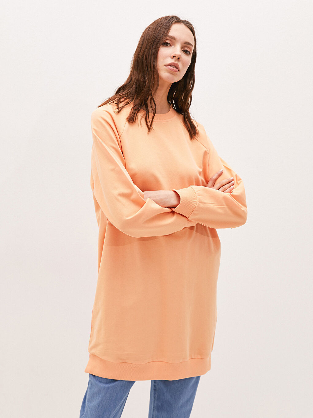 Turuncu Bisiklet Yaka Düz Uzun Kollu Kadın Sweatshirt Tunik-4