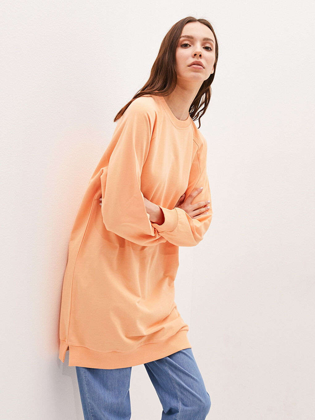 Turuncu Bisiklet Yaka Düz Uzun Kollu Kadın Sweatshirt Tunik